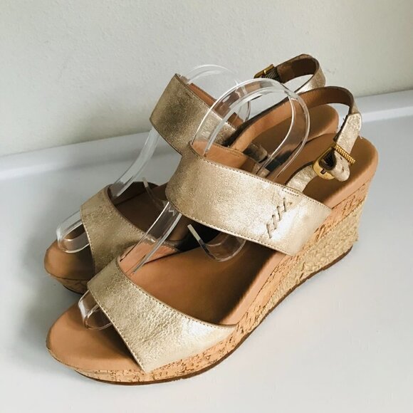 Ugg Elena Gold Leather Metallic Wedge Sandals Size 10 EU 41 - Picture 7 of 11